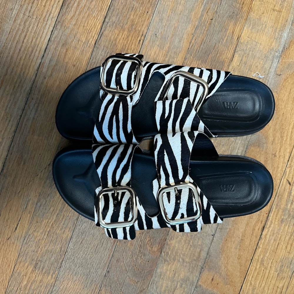 ZARA Zebra Print Haircalf Double Buckle Slides — Size 39